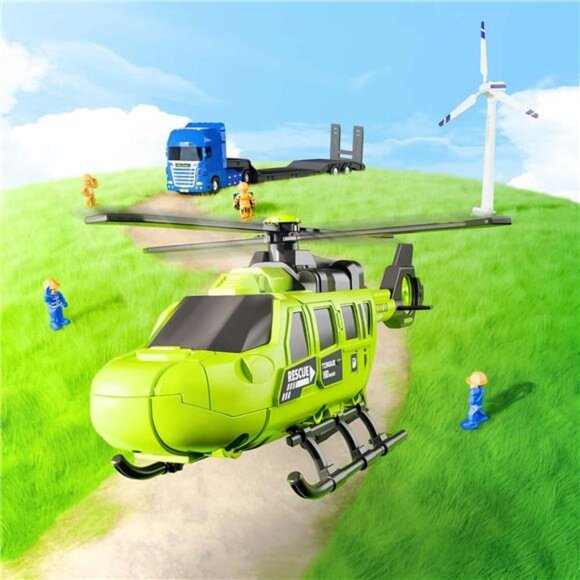 Kids Truck Trailer Toys, Toddler Vehicle Playset W/Helicopter - Picture 5 of 7